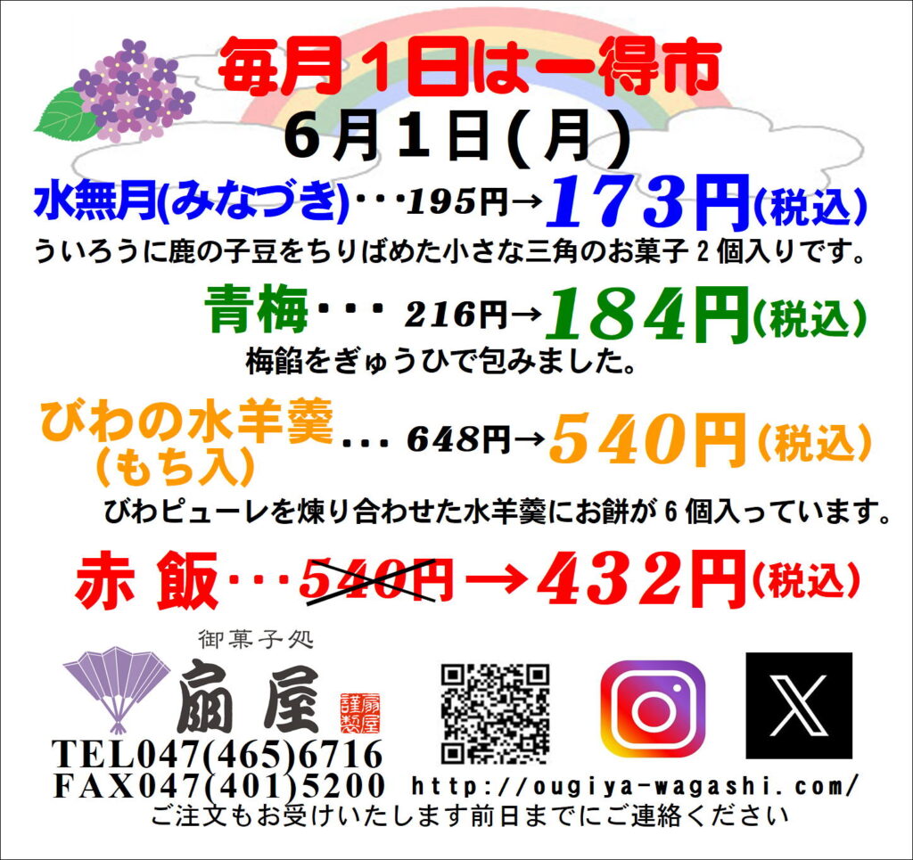 6月1日(月)は一得市です。